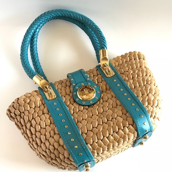 Michael Kors Handbags - Michael Kors Shoulder Bag Straw with Aqua Leather